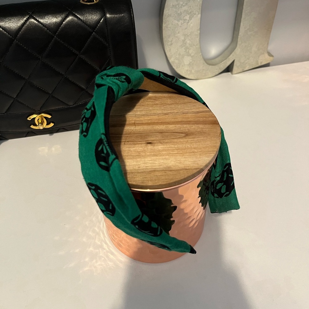 Repurposed McQueen Scarf Green & Black Skull Pattern Headband - Picture 3 of 6